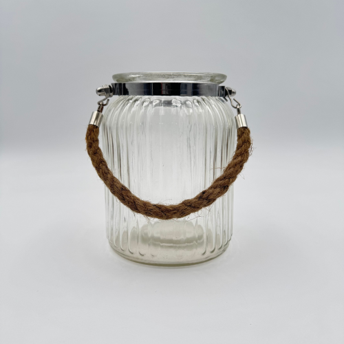 Photophore en verre avec anse en corde strié